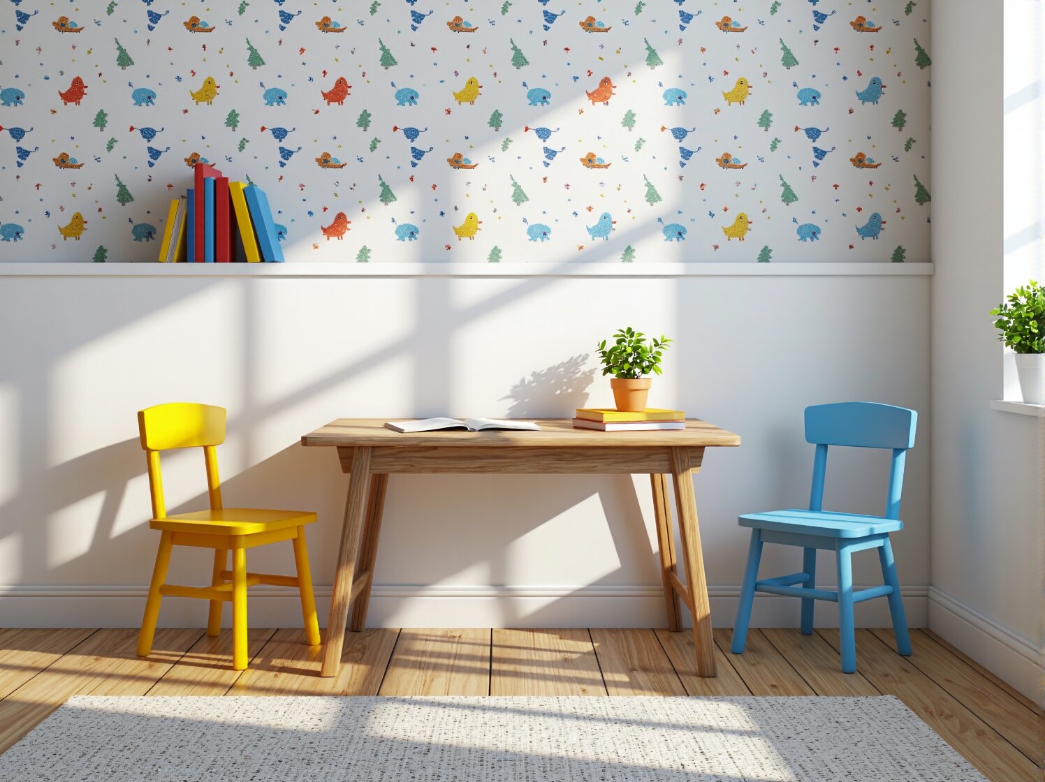 Dziecięcy stolik drewniany sosna z kolorowymi krzesełkami