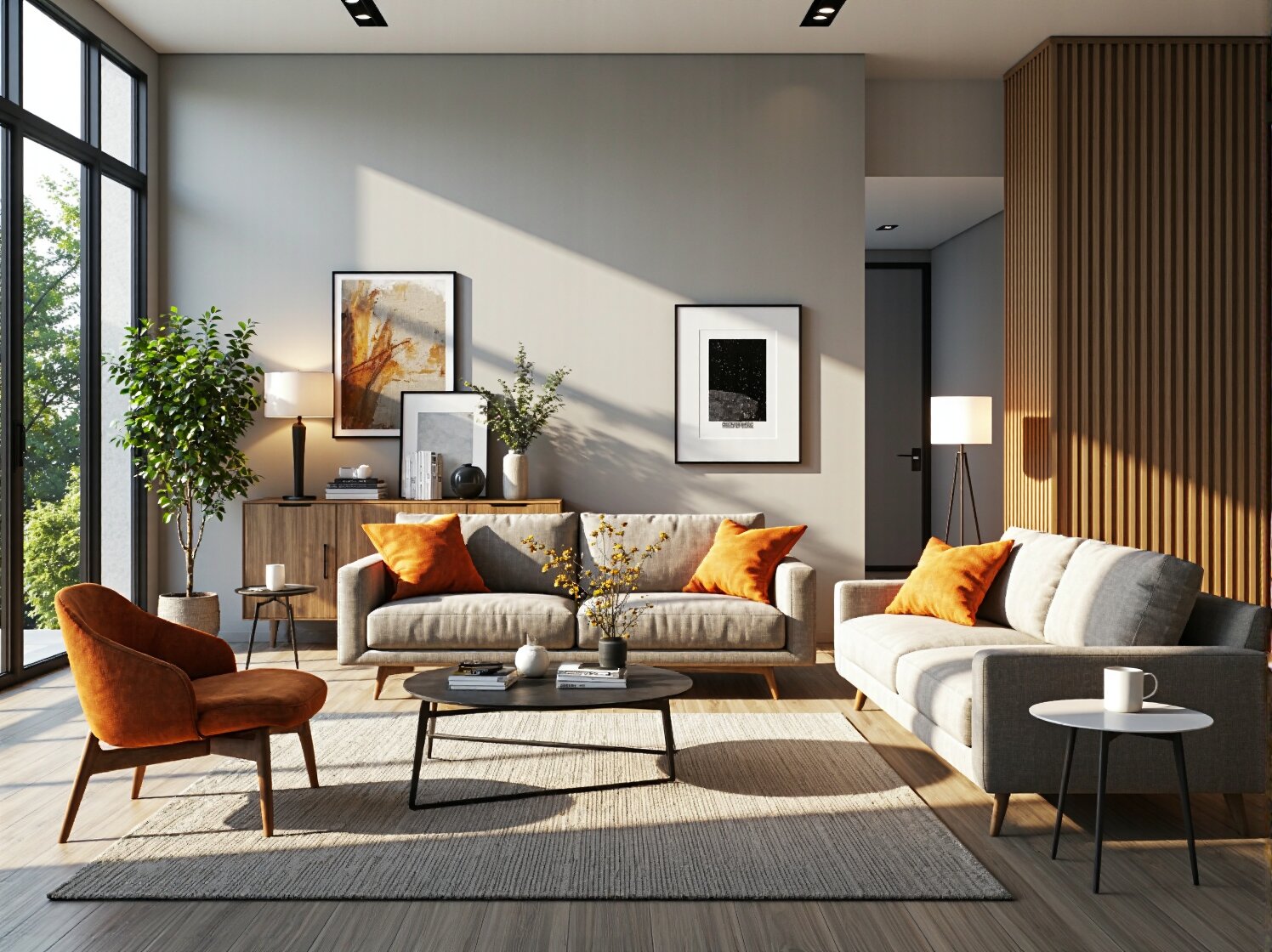 Eleganckie lampy zewnętrzne podkreślające urok i styl nowoczesnej fasady wykonanej z płyt betonowych o zmierzchu.