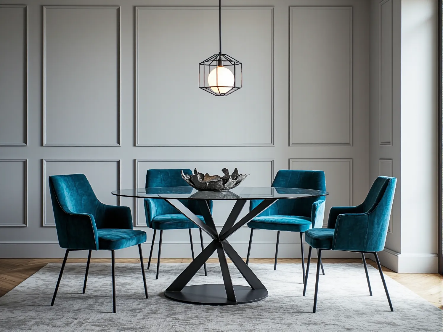 Elegancka szklana lampa wisząca z miedzianymi elementami jako centralny punkt nowoczesnej jadalni.