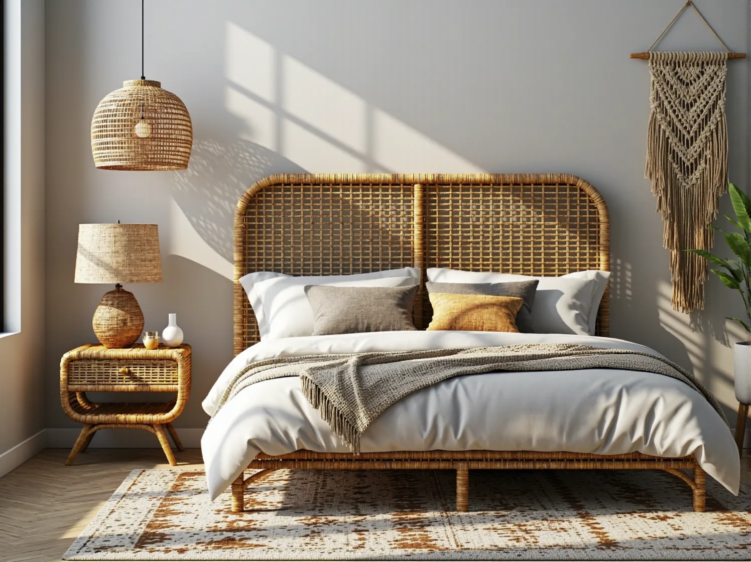 Stylowy fotel z rattanu po renowacji jako centralny punkt nowoczesnego salonu. Oszczędność i świetny design.