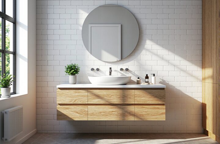 Wisząca szafka łazienkowa dąb z białym blatem i umywalką