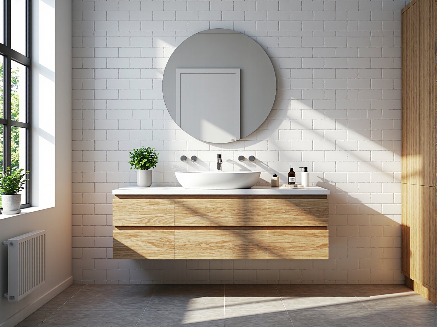 Wisząca szafka łazienkowa dąb z białym blatem i umywalką