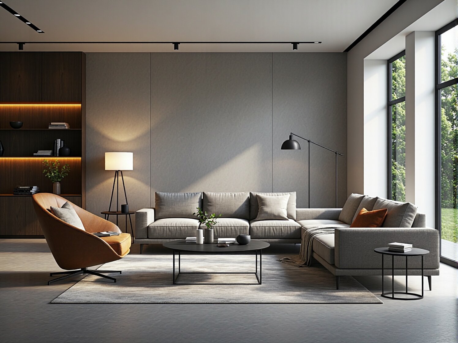 Oświetlenie elewacji z betonu za pomocą lamp góra-dół, które tworzą na fasadzie efektowne, pionowe smugi światła.