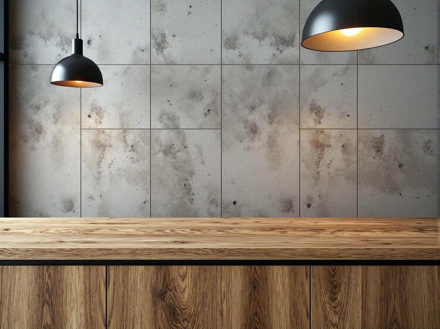 Ciepłe światło lampy wiszącej podkreślające fakturę drewna na tle betonowej ściany w kuchni.