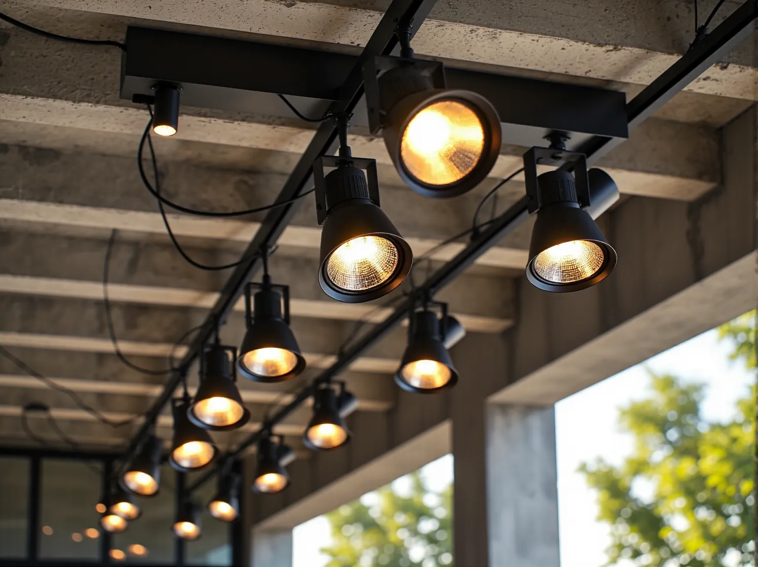 Zbliżenie na czarne lampy punktowe na ceglanej ścianie. Kluczowe oświetlenie w aranżacji tarasu industrialnego.