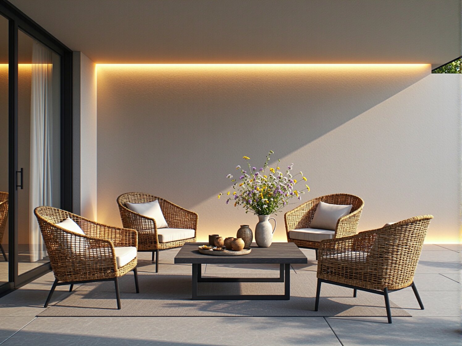 Wieczorny klimat na tarasie śródziemnomorskim dzięki delikatnemu światłu pastelowych girland LED.