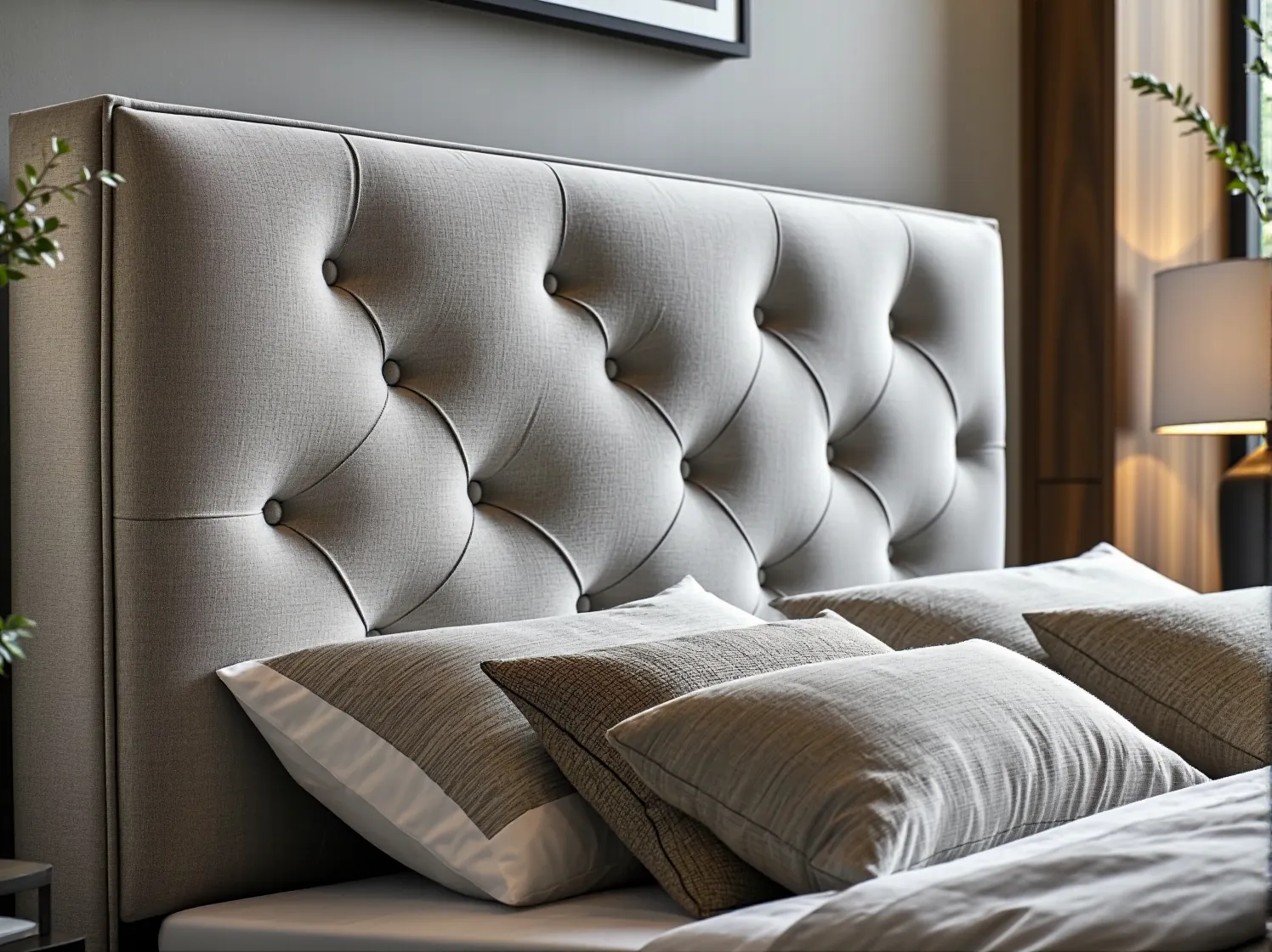 Zbliżenie na pikowany zagłówek wygodnego łóżka tapicerowanego, podkreślający styl modern classic i jakość wykonania.