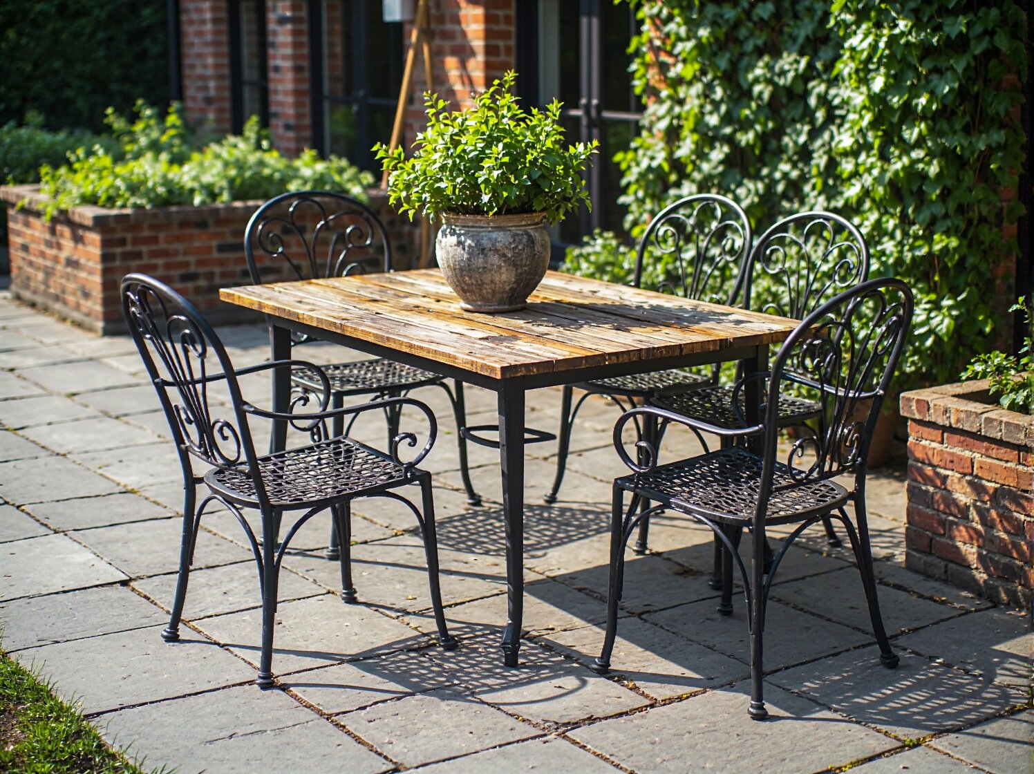 Zestaw ogrodowy metalowy z drewnianym blatem i kowalskimi krzesłami