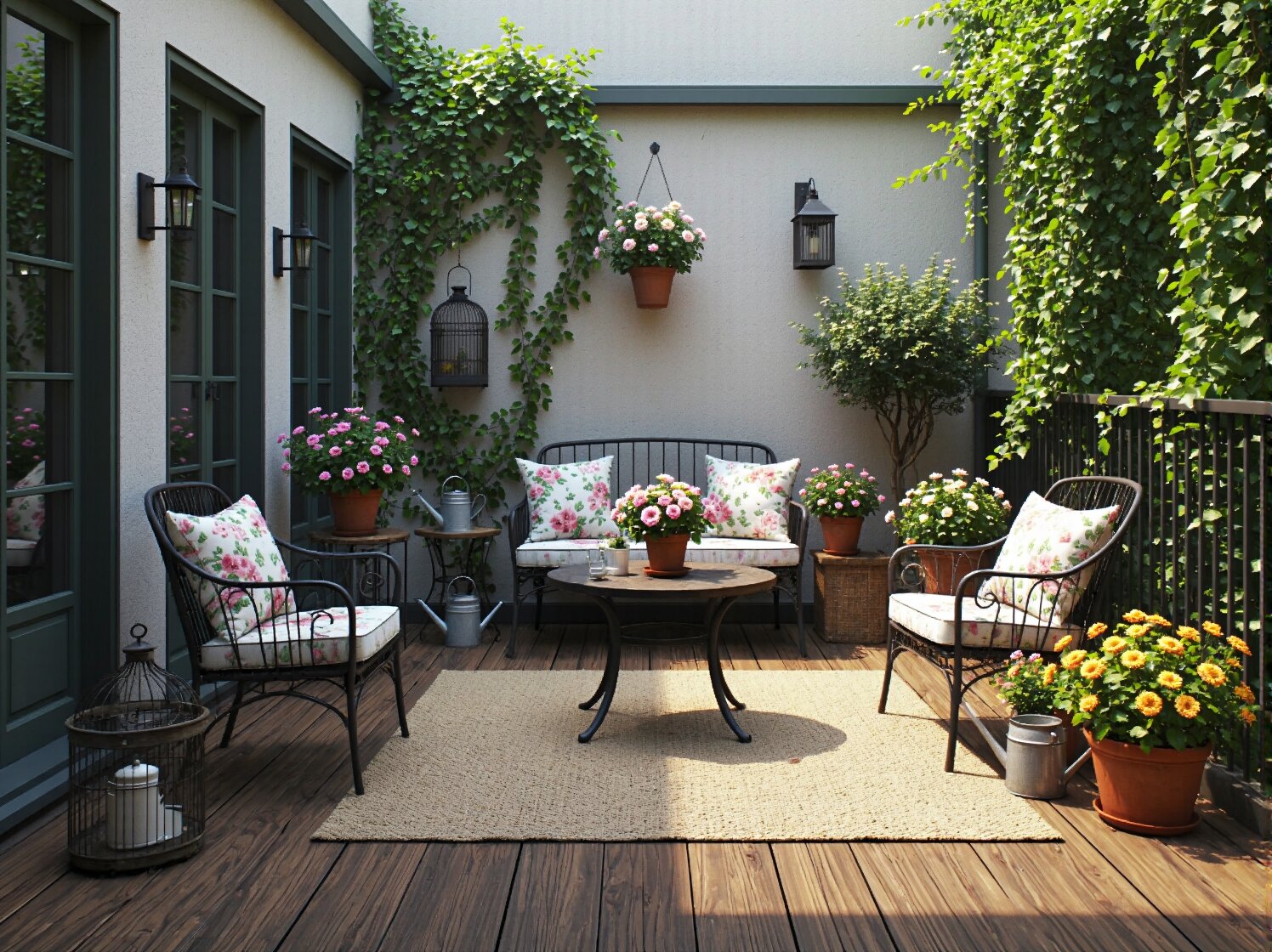 Metalowy zestaw mebli ogrodowych w stylu vintage z poduszkami