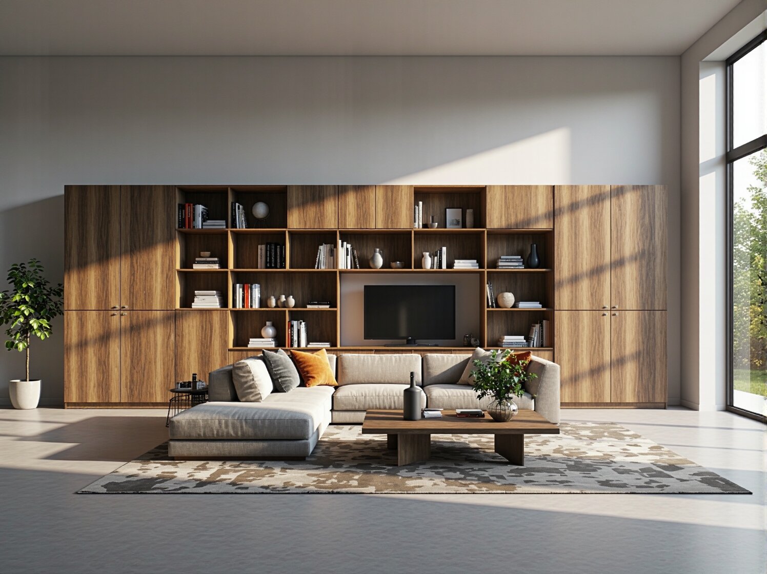 Modułowa meblościanka orzech z otwartymi półkami i szafkami