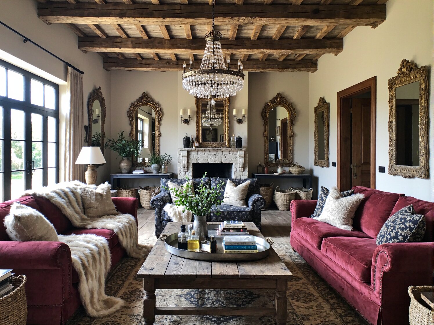 Bordowe sofy welurowe w stylu glamour ze złotymi lustrami