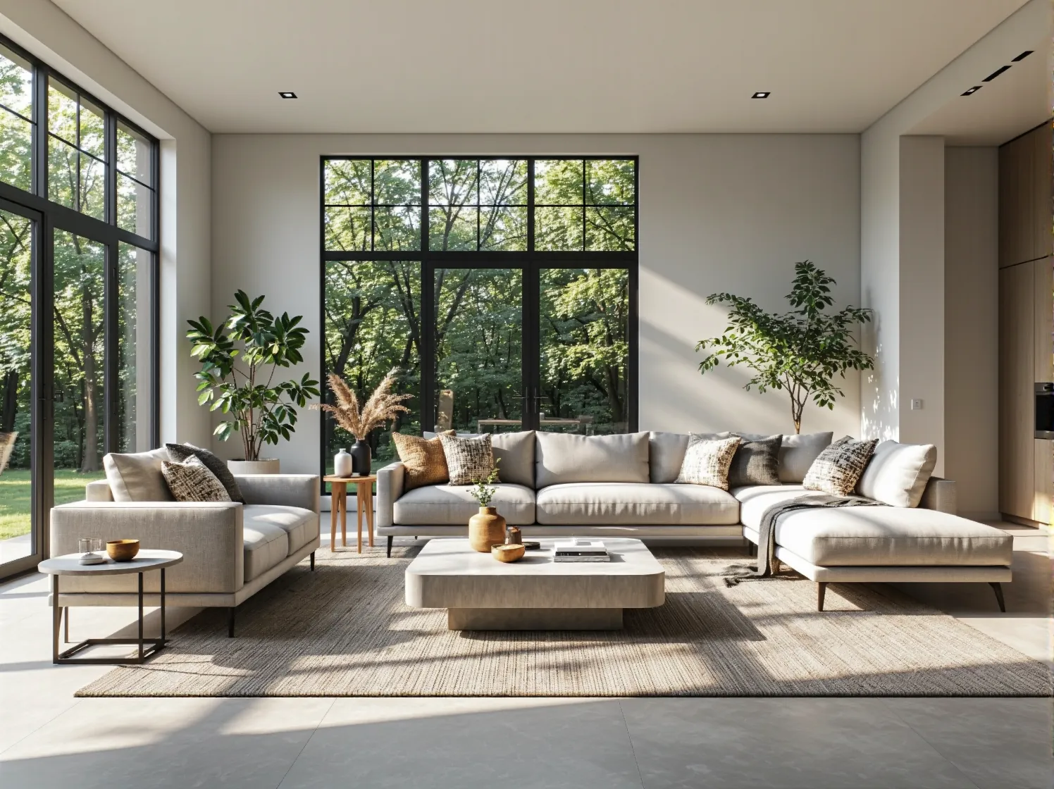 Nowoczesny narożnik beżowy z poduszkami i metalowymi nóżkami