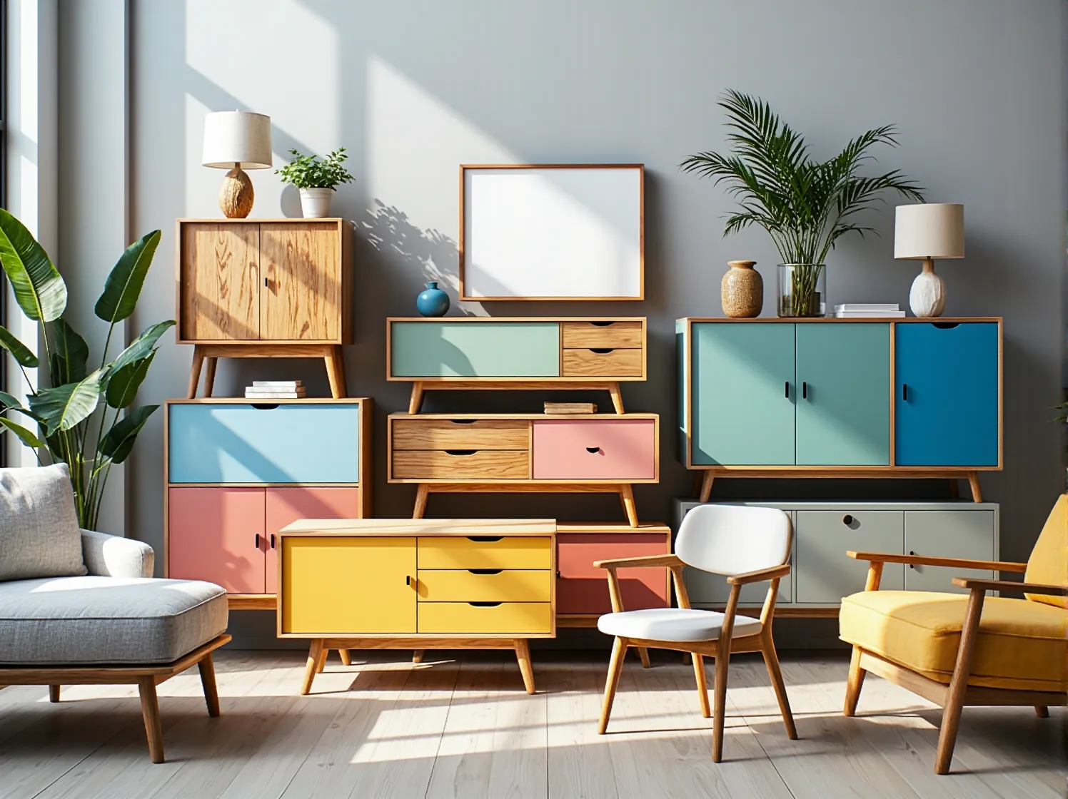 Ranking farb ekologicznych do mebli: puszki z farbą kredową, mleczną i akrylową na tle drewnianego blatu.