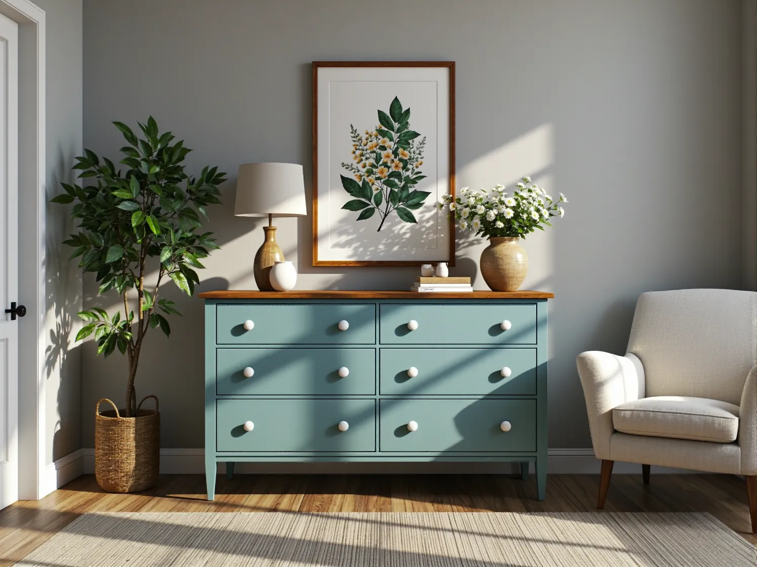 Komoda szałwiowa z sześcioma szufladami i drewnianym blatem