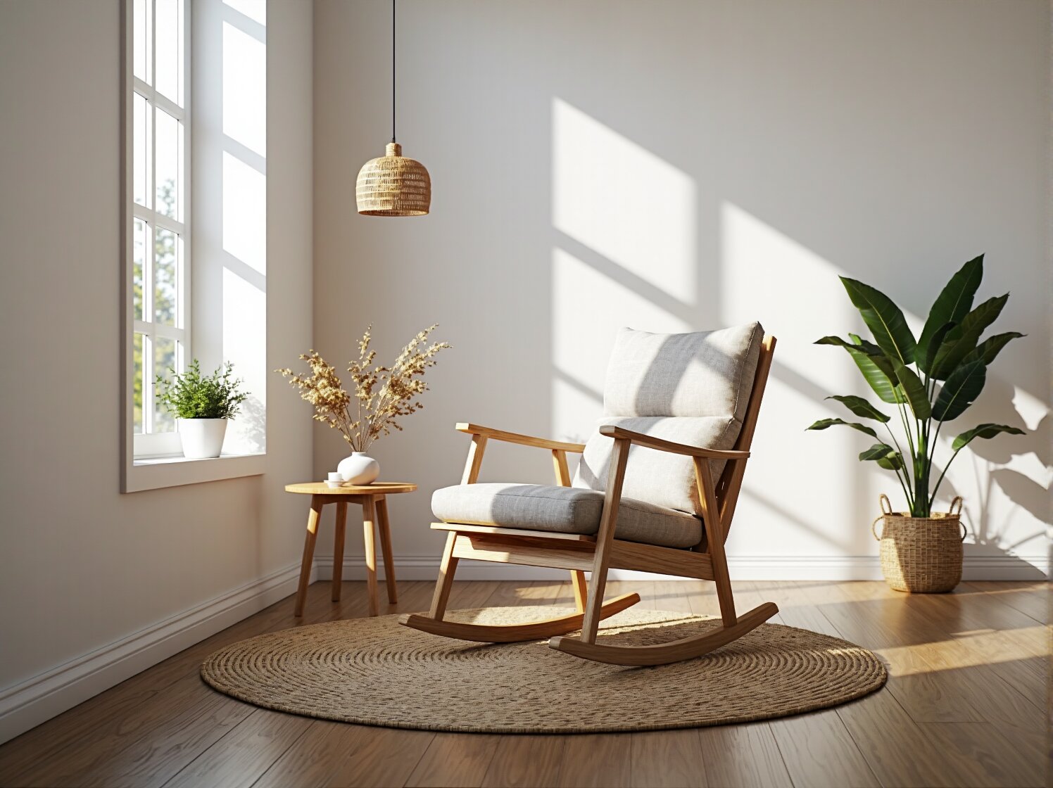 Skandynawski fotel bujany drewniany z jasnoszarymi poduszkami