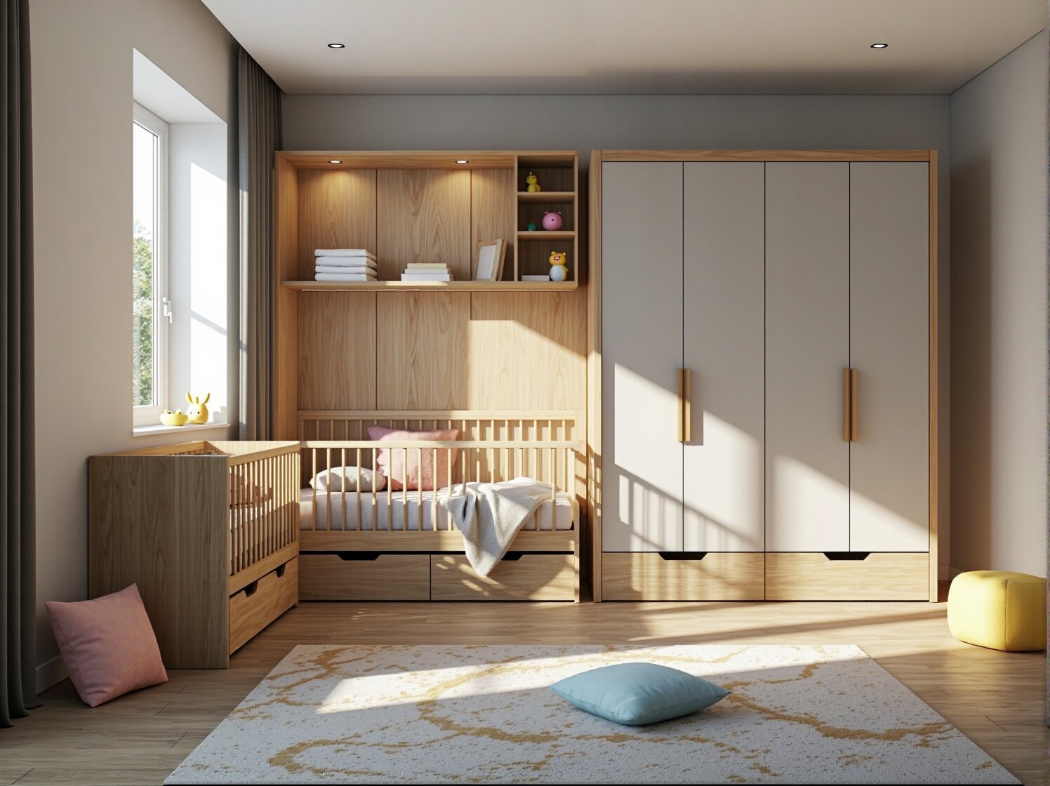 Zestaw mebli dziecięcych dąb naturalny z szarą szafą i łóżeczkiem