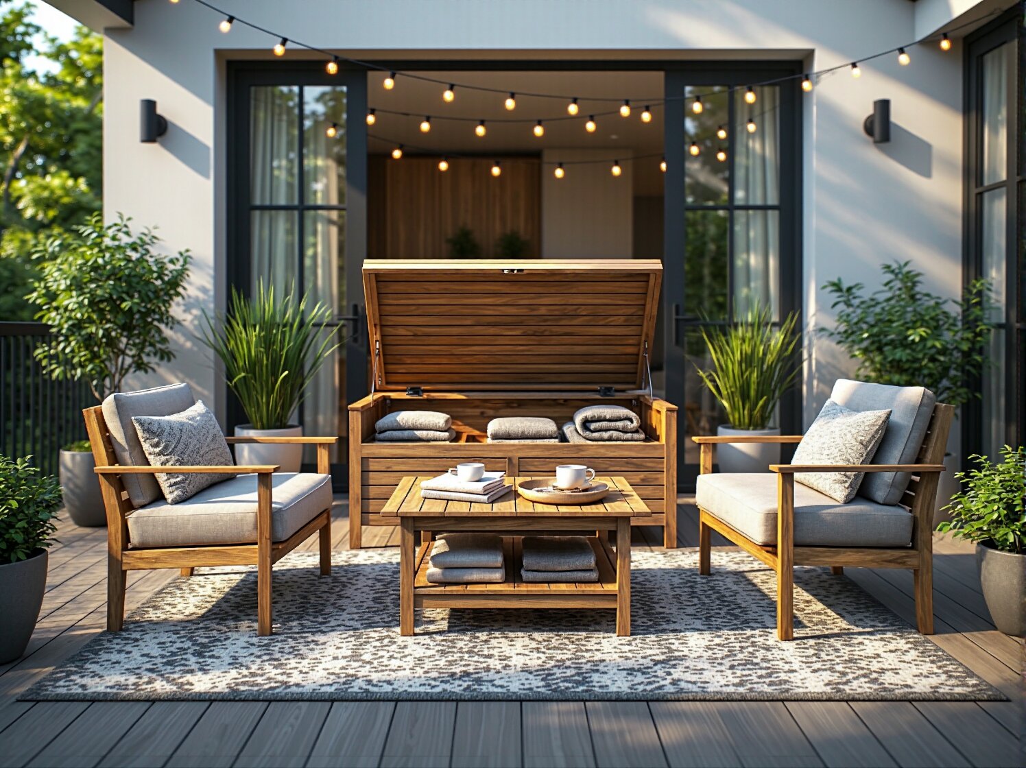 Drewniany stolik balkonowy z półką i skrzynia na poduszki