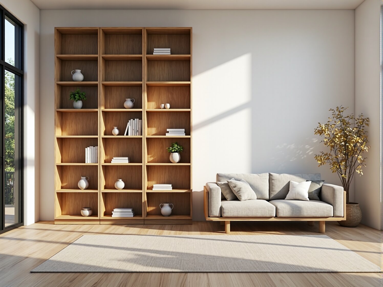 Wysoki regał drewniany dąb craft z otwartymi półkami w stylu japandi
