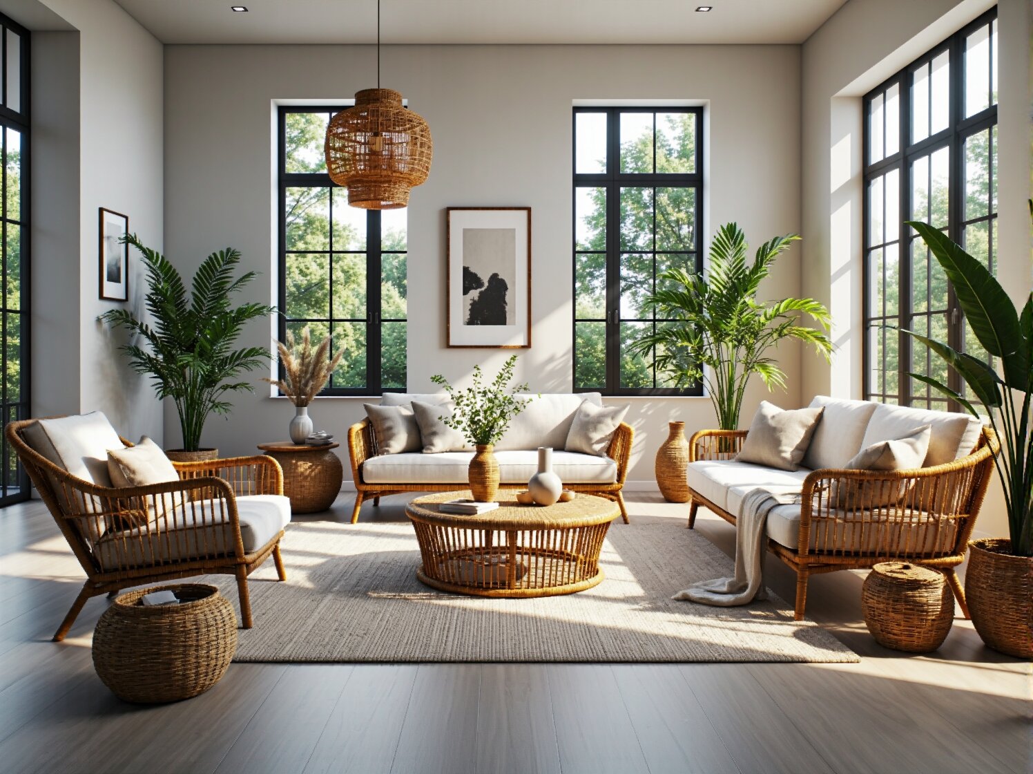 Komplet mebli rattanowych sofa fotele stolik z jasnymi poduszkami