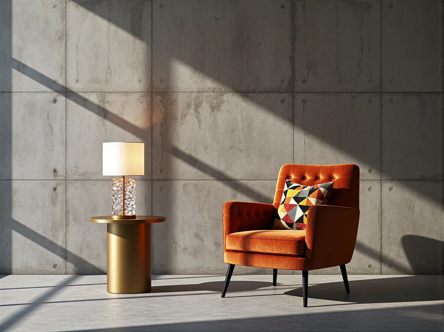 Złoty stolik kawowy i welurowy fotel jako luksusowy akcent w salonie urządzonym w stylu loftowym.