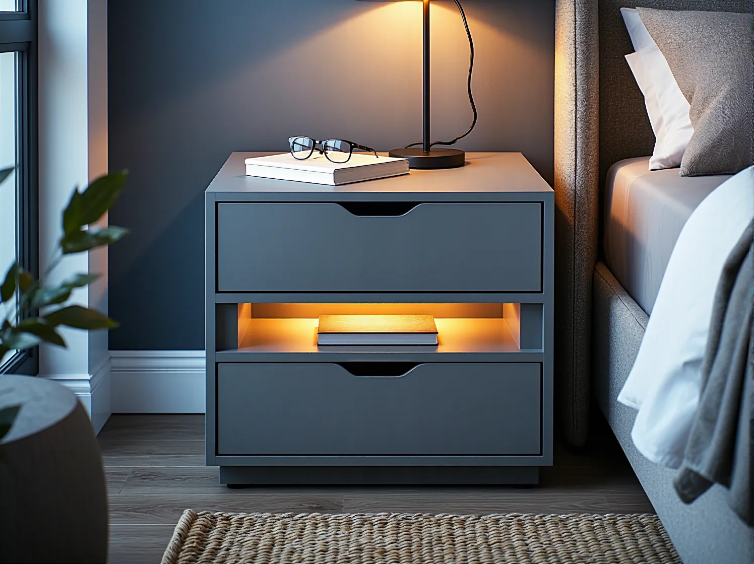 Grafitowa szafka nocna z szufladami i oświetleniem LED