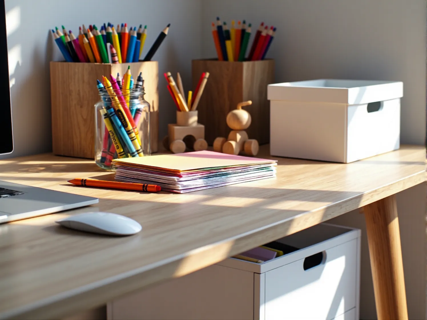 Stół dziecięcy z krzesełkami w małym pokoju – pomysł na oszczędność miejsca i kącik do zabawy.