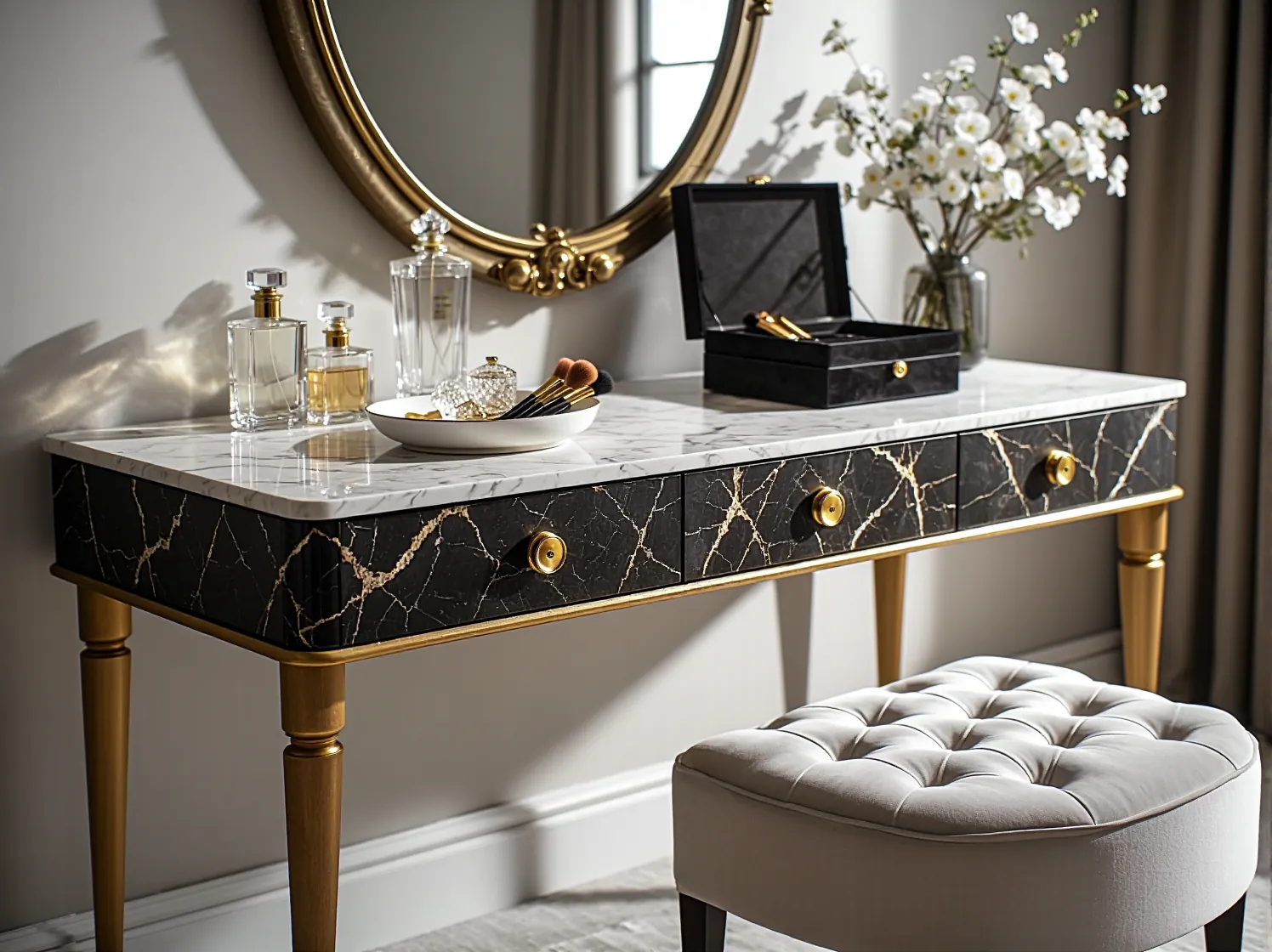 Stół jadalniany z krzesłami glamour – połączenie połysku, weluru i złotych akcentów w modnym wnętrzu.