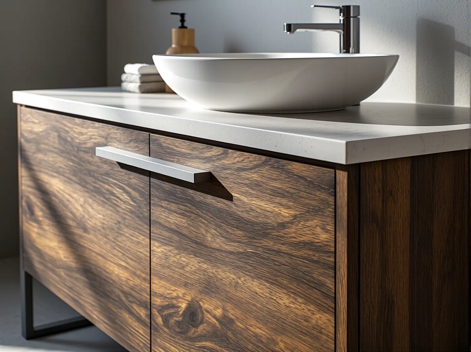 Zbliżenie na front szafki łazienkowej z płyty MDF z wodoodpornym wykończeniem, chroniącym materiał przed parą wodną.