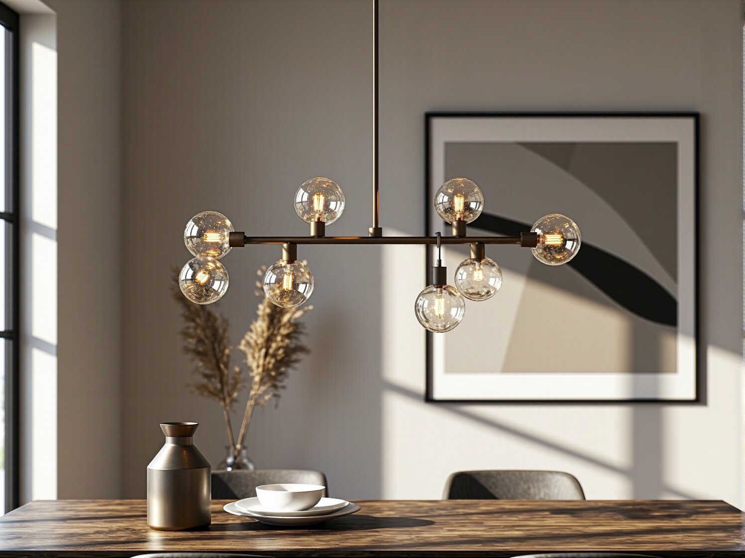 Aranżacja oświetlenia jadalni z lampami wiszącymi, które łączą przydymione szkło i metal.