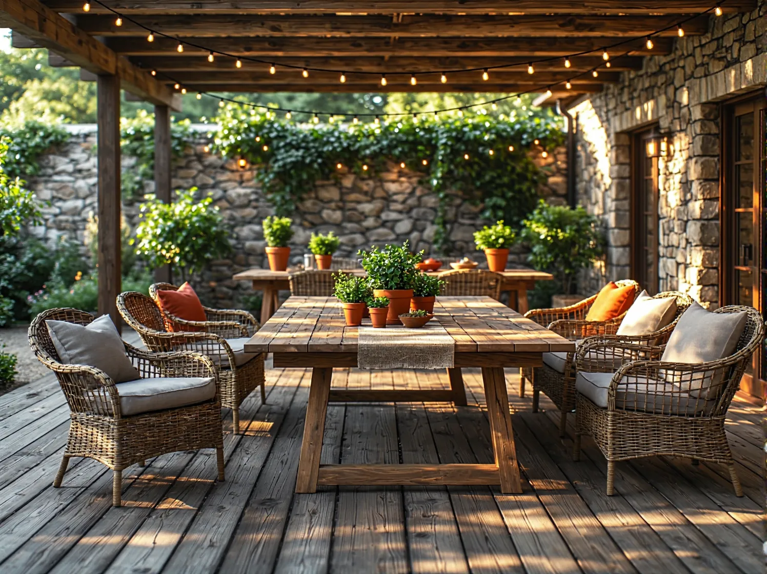 Drewniany stół ogrodowy rustykalny z rattanowymi fotelami