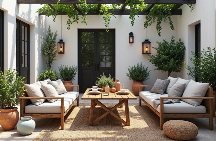 Zestaw mebli ogrodowych drewnianych z sofami i stolikiem