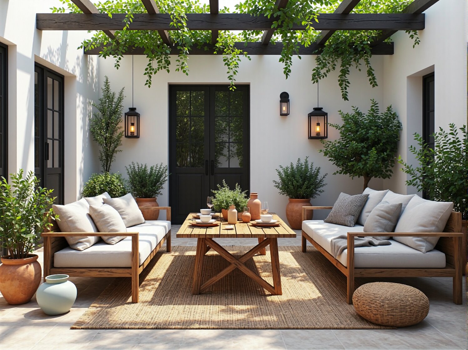 Zestaw mebli ogrodowych drewnianych z sofami i stolikiem