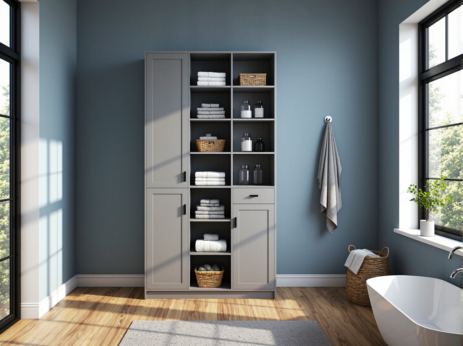 Detal szafki do łazienki: solidne, nierdzewne zawiasy i uszczelnione krawędzie jako ochrona przed wilgocią.