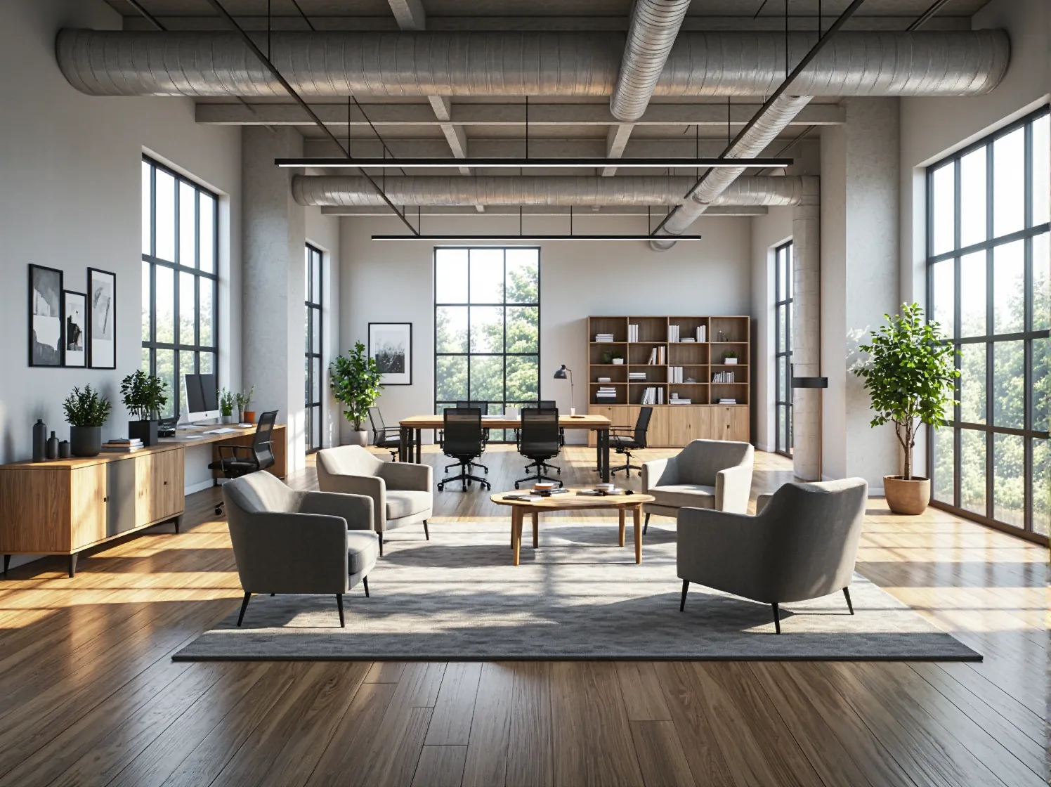 Nowoczesne meble biurowe dąb naturalny z szarymi fotelami