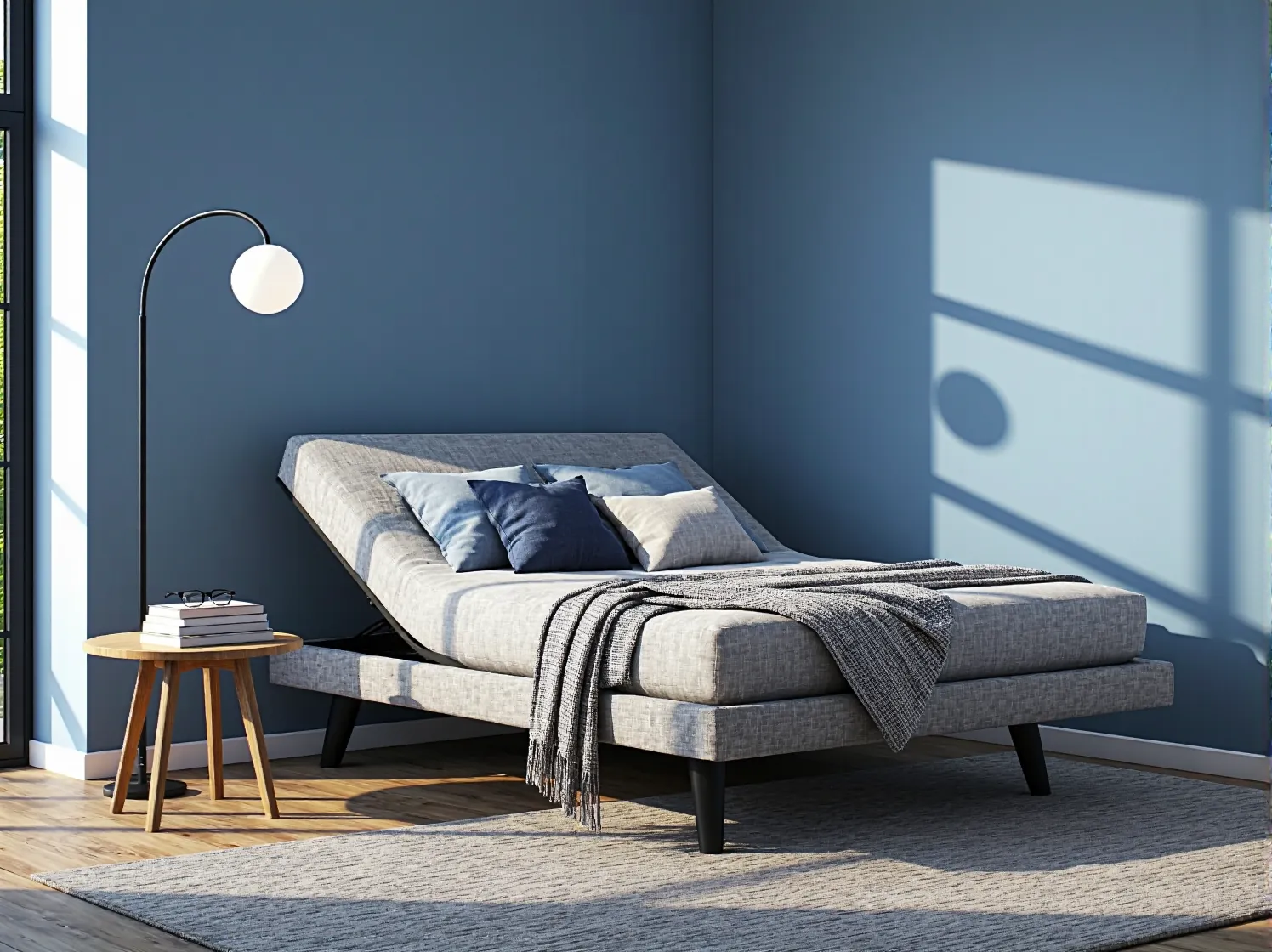 Osoba komfortowo śpiąca na łóżku z podniesionym wezgłowiem, funkcja regulacji dla zdrowia.