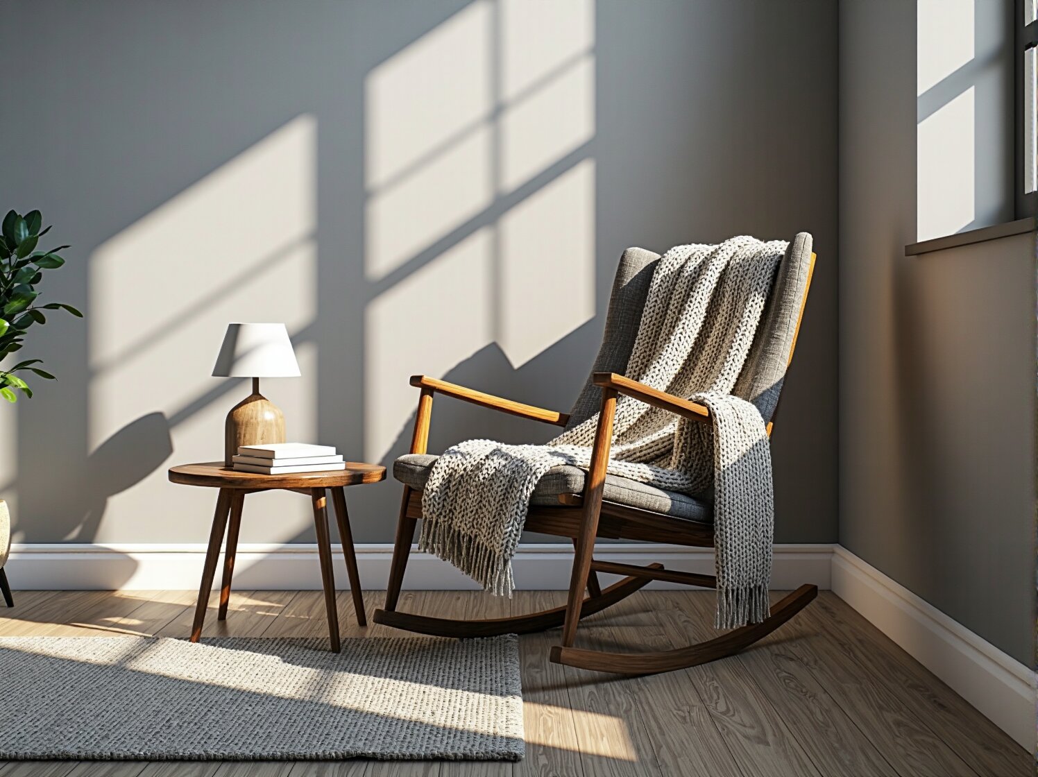 Detal na drewniane płozy i siedzisko wygodnego fotela bujanego w stylu skandynawskim.