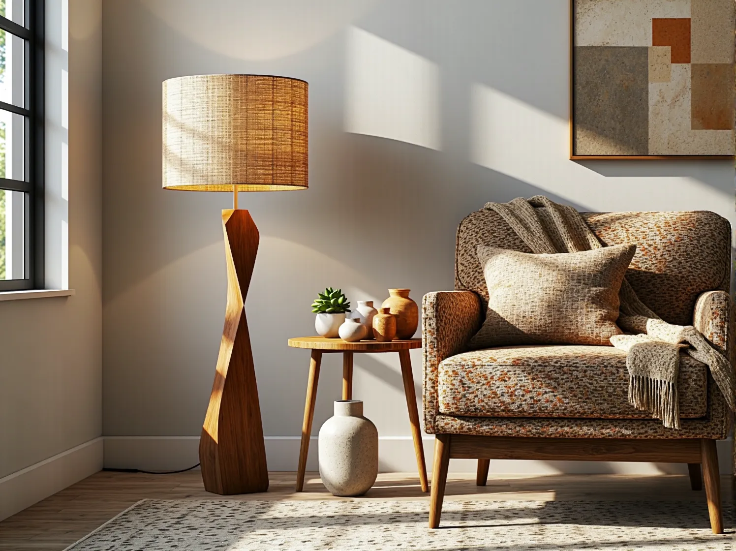 Wysoka, złota lampa stojąca z ciekawym abażurem, dodająca charakteru eklektycznemu wnętrzu.