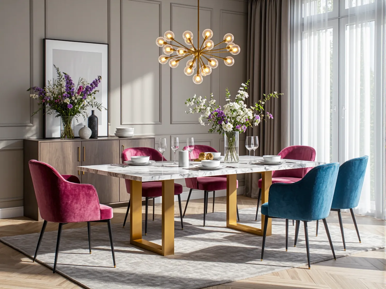 Złoty stolik kawowy z marmurowym blatem – luksusowy materiał w stylu glamour, trend na nadchodzący rok.